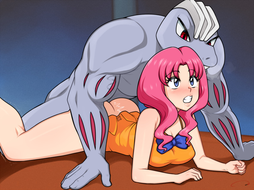 1boy 1girl aldharoku ass bare_legs bare_shoulders blue_bow blue_eyes blush bottomless bow breasts cleavage clenched_teeth clothes_lift colored_skin dress dress_lift embarrassed eyebrows eyelashes feet_out_of_frame gen_1_pokemon grey_skin hetero highres interspecies large_breasts lily_(pokemon) long_hair looking_afar looking_at_another lying machoke muscular muscular_male nintendo on_stomach orange_dress pink_hair pokemon pokemon_(anime) pokemon_(classic_anime) pokemon_(creature) pokephilia prone_bone sex sex_from_behind sleeveless sleeveless_dress surprised tears teeth