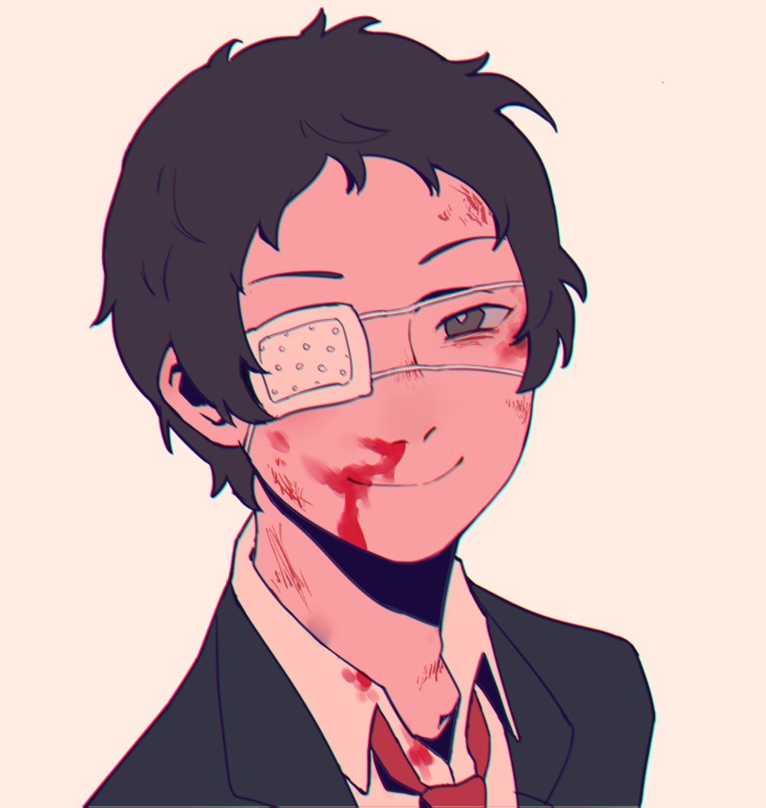 1boy adachi_tooru black_hair blood blood_on_clothes blood_on_face bright_pupils brown_eyes closed_mouth eyepatch formal_clothes half-closed_eyes highres jacket looking_at_viewer male_focus medical_eyepatch necktie nosebleed persona persona_4 red_necktie shirt short_hair simple_background smeared_blood smile solo suit tedty33 white_pupils white_shirt