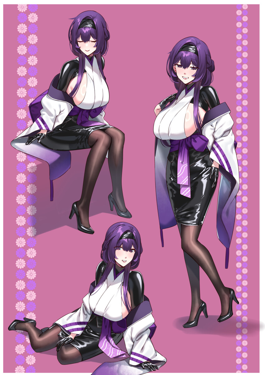 absurdres black_gloves black_hairband black_pantyhose border breasts closed_eyes gloves grin hairband hie_(hiememiko) hiememiko highres japanese_clothes kimono large_breasts latex latex_gloves latex_shrug latex_skirt long_hair original pantyhose pink_background purple_eyes purple_hair shiny_clothes sideboob sitting smile wariza yokozuwari