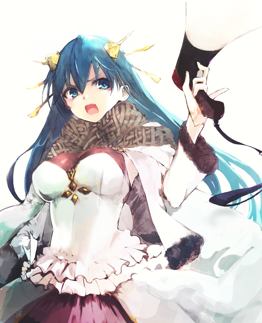 1girl blue_eyes blue_hair breasts dress hair_ornament highres holding holding_megaphone jacket lia_parapara_leazas long_hair looking_at_viewer medium_breasts megaphone open_clothes open_jacket open_mouth rance_(series) scarf solo tsutsugano