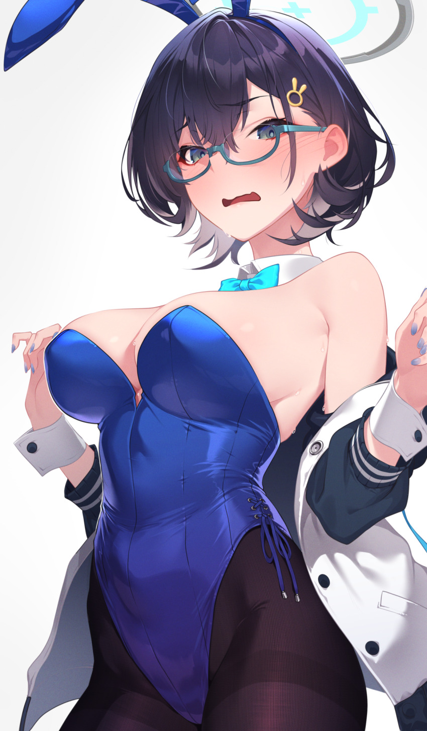 1girl animal_ears bare_shoulders black_hair blue_archive blue_eyes blue_leotard blush breasts brown_pantyhose chihiro_(blue_archive) cleavage covered_navel detached_collar fake_animal_ears glasses halo highleg highleg_leotard highres hikichi_sakuya jacket large_breasts leotard long_sleeves looking_at_viewer off_shoulder open_clothes open_jacket open_mouth pantyhose playboy_bunny rabbit_ears short_hair solo thighband_pantyhose white_jacket wrist_cuffs