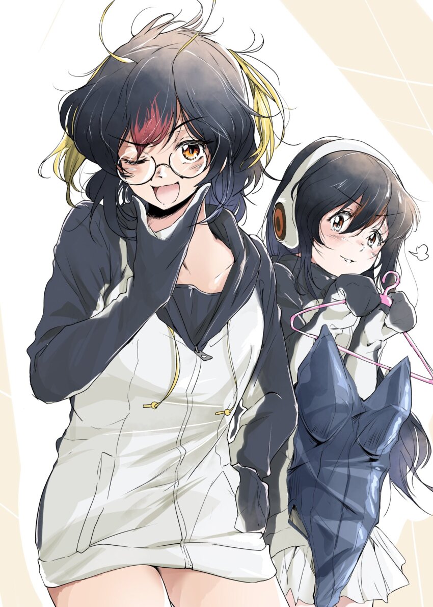 2girls black_hair black_hoodie black_leotard blonde_hair blush clothes_hanger collarbone dress gentoo_penguin_(kemono_friends) glasses hair_between_eyes hand_on_own_chin hand_on_own_hip headphones highres holding holding_unworn_clothes hood hood_down hoodie kemono_friends leotard long_hair long_sleeves mittens multiple_girls open_mouth orange_eyes penguin_girl pleated_skirt puff_of_air red_hair rockhopper_penguin_(kemono_friends) short_hair short_twintails sidelocks skirt smile sweater sweater_dress twintails two-tone_hoodie white_hoodie white_skirt wifi1981321