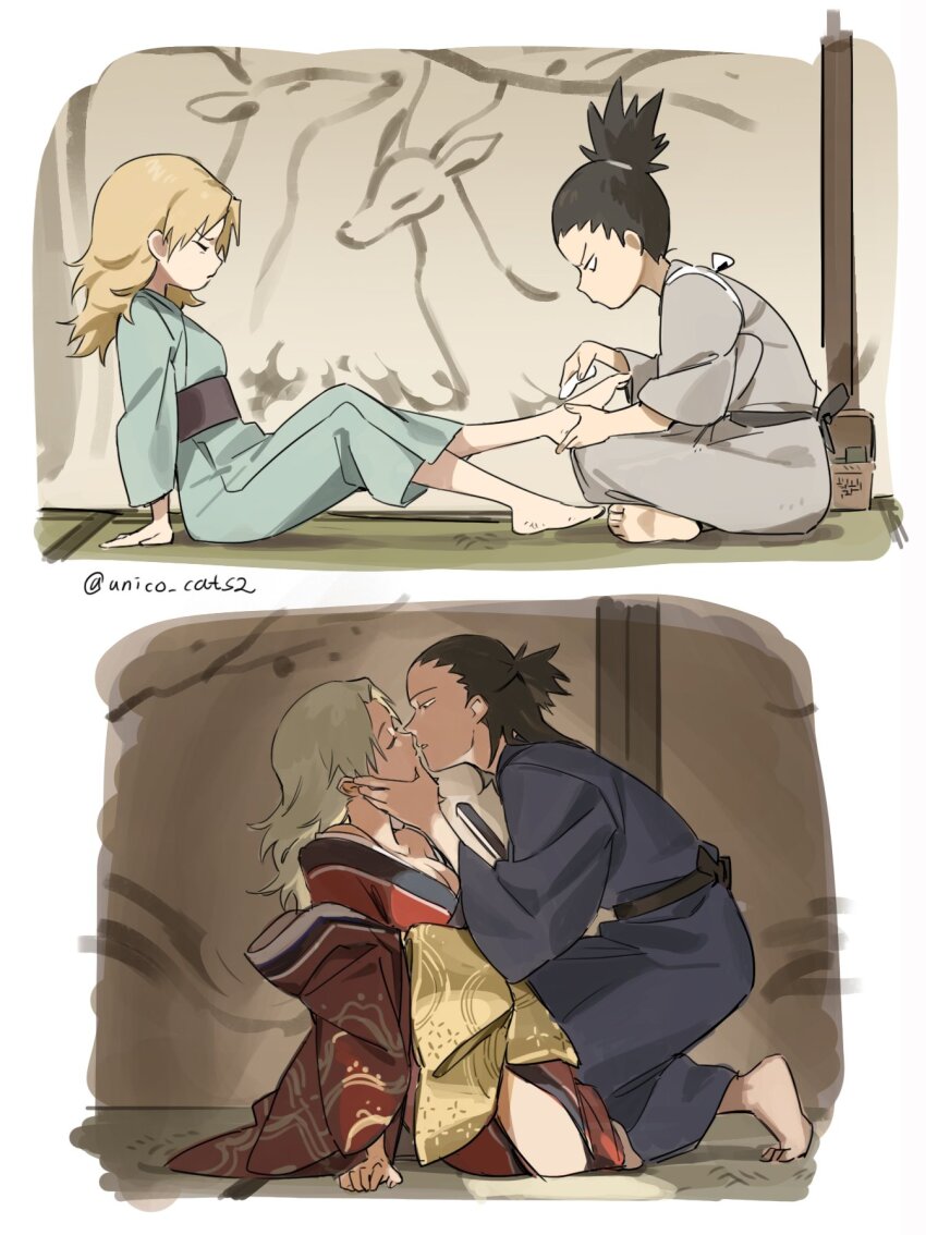 1boy 1girl aged_down aged_up artist_name bare_shoulders barefoot black_hair blonde_hair breasts cleavage closed_eyes couple crossed_legs feet folding_fan hair_down hair_up hand_fan hand_on_another&#039;s_cheek hand_on_another&#039;s_face head_tilt hetero highres holding holding_another&#039;s_foot holding_fan incoming_kiss indoors japanese_clothes kimono kneeling korean_commentary large_breasts leaning_back leaning_forward looking_down messy_hair nara_shikamaru naruto_(series) naruto_shippuuden off_shoulder on_ground parted_bangs shade sitting temari_(naruto) twitter_username unico_cats2