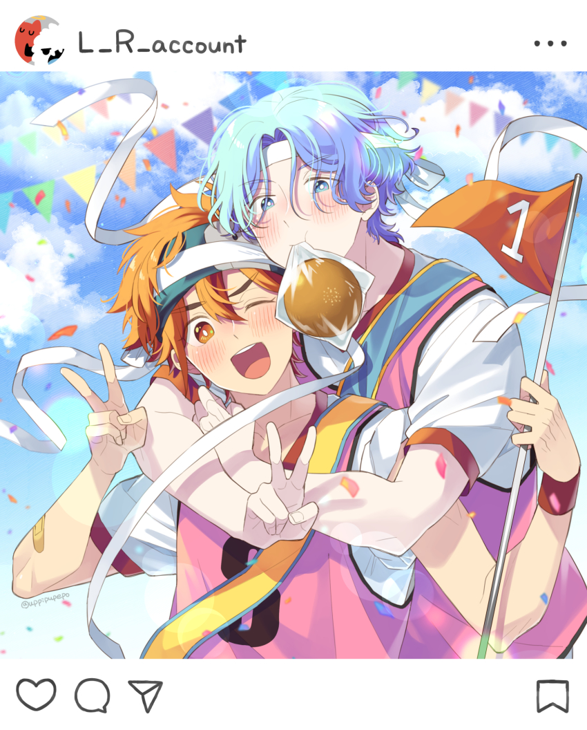 2boys alternate_costume blue_eyes blue_hair blue_sky bread closed_eyes cloud cloudy_sky flag food forehead hasegawa_langa headband highres holding holding_flag kyan_reki male_focus mouth_hold multiple_boys numbered open_mouth orange_eyes pink_vest red_hair ribbon shirt short_hair sk8_the_infinity sky smile uppi v vest white_ribbon white_shirt