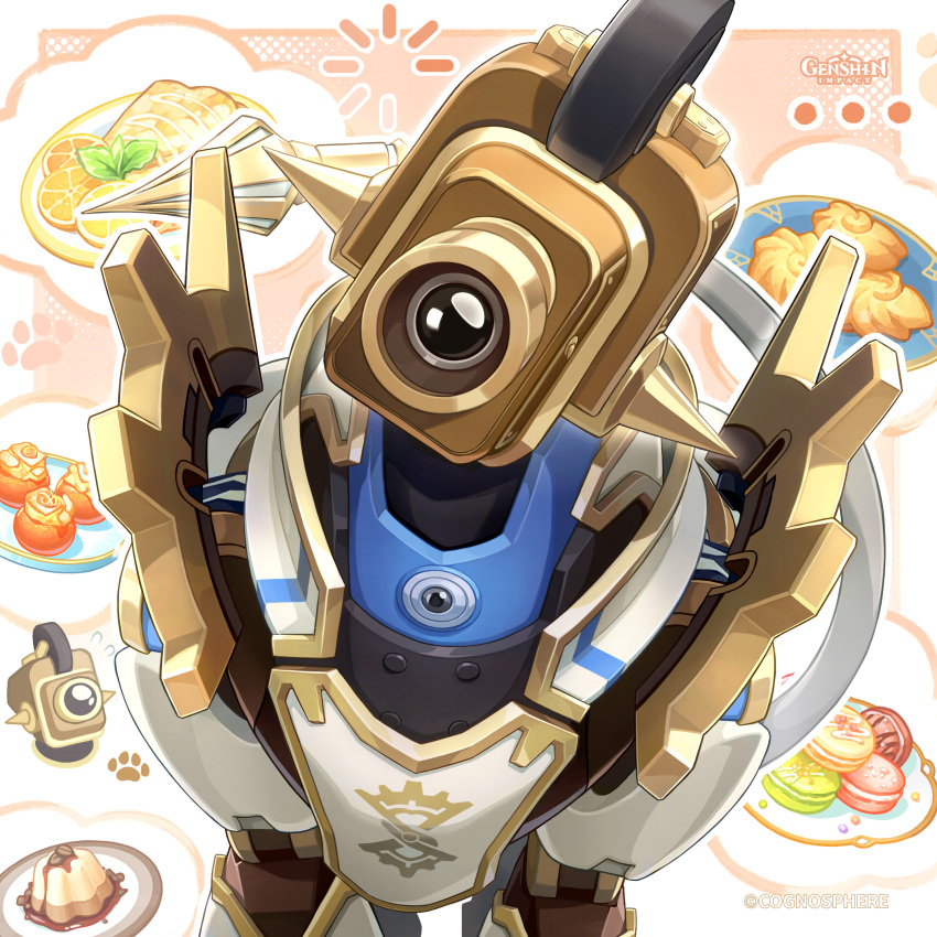 ... absurdres bavarois commentary conch_madelaine_(genshin_impact) cookie copyright_name crepe english_commentary food food_request fruit genshin_impact head_tilt highres lemon lemon_slice loading_icon macaron mint no_humans object_focus official_art paw_print robot seymour_(genshin_impact) white_day