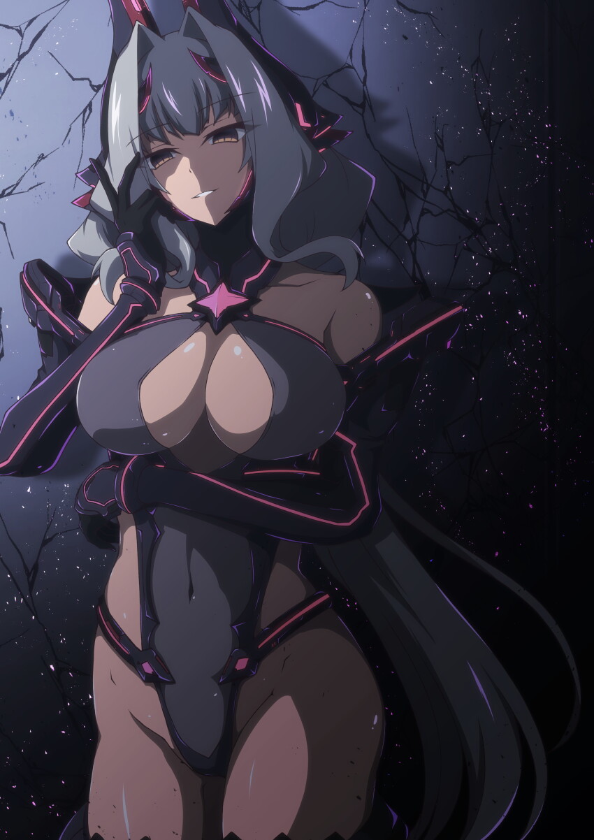 1girl absurdres against_wall alternate_color alternate_hair_color android aoi_tabane azarin_(kouyoku_senki_exs-tia) bare_shoulders black_gloves breasts brown_eyes cleavage cleavage_cutout clothing_cutout corruption covered_navel crack cracked_wall dark_persona elbow_gloves gloves grey_hair hair_intakes headgear highleg highleg_leotard highres kouyoku_senki_exs-tia large_breasts leotard long_hair looking_at_viewer mind_control mind_controlled_exs-tia parted_lips shiny_skin smile solo thighhighs very_long_hair yellow_eyes