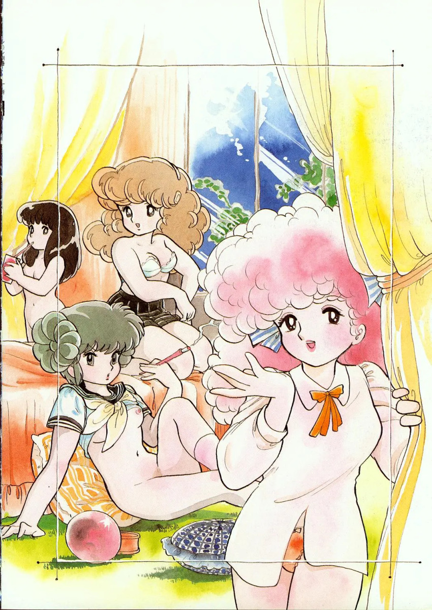 1980s_(style) 4girls azuma_hideo bed bedroom black_hair bra brown_hair cigarette clothes_lift convenient_censoring curly_hair curtains double_bun drink drinking drinking_straw female_pubic_hair fluffy_hair green_hair hair_bun highres holding holding_cigarette indoors kneeling multiple_girls nipples non-web_source nude oldschool on_floor orange_panties original painting_(medium) panties pillow pink_hair pleated_skirt pubic_hair retro_artstyle sailor_collar scan school_uniform shirt_lift sitting skirt sleepover smoking strapless strapless_bra traditional_media underwear watercolor_(medium) webp-to-png_conversion window