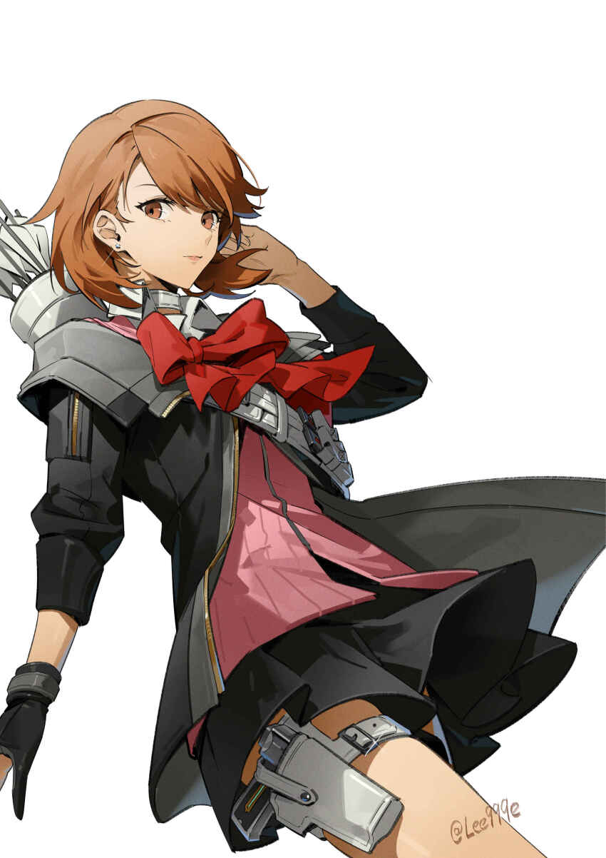1girl absurdres archery_shooting_glove armband arrow_(projectile) belt_buckle black_gloves black_jacket black_skirt bow bowtie brown_eyes brown_hair buckle cardigan choker collared_shirt cowboy_shot earrings evoker glint gloves hand_up highres holster jacket jewelry lee999nine looking_at_viewer loose_bowtie miniskirt official_alternate_costume open_clothes open_jacket partially_fingerless_gloves persona persona_3 persona_3_reload pink_cardigan pink_lips pleated_skirt quiver red_armband red_bow red_bowtie ribbed_cardigan shirt short_hair single_glove skirt solo stud_earrings swept_bangs takeba_yukari thigh_holster twitter_username white_background white_choker white_shirt