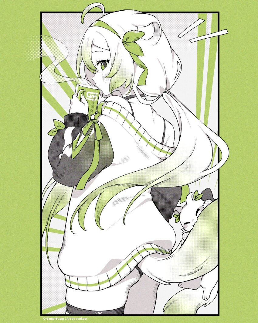 1girl ahoge animal animal_ears artist_name blush closed_mouth colored_tips copyright_notice cup ferret_ears ferret_girl ferret_tail from_behind gamer_supps green_eyes green_ribbon hair_ribbon highres holding holding_cup indie_virtual_youtuber laimu_(vtuber) laimu_(vtuber)_(cozy) long_hair long_sleeves multicolored_hair ponytail ribbon tail thigh_strap virtual_youtuber yenkoes