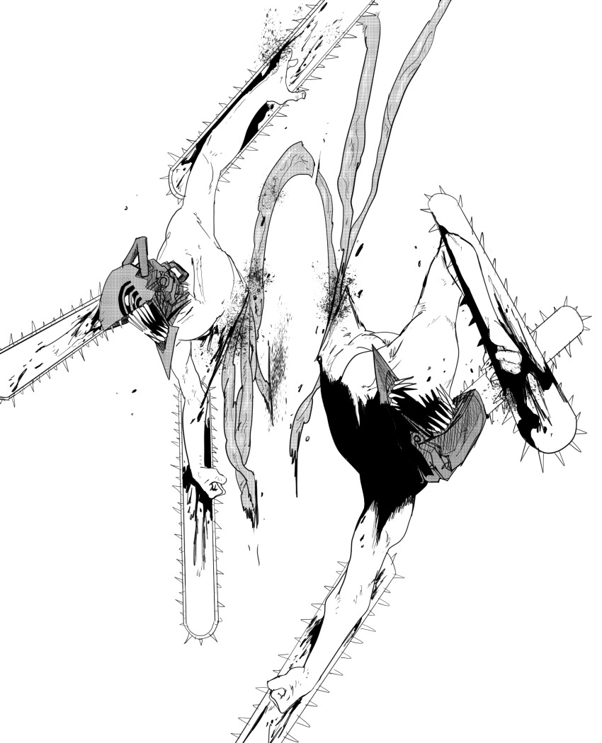 2boys blood blood_splatter bloody_weapon chainsaw chainsaw_man denji_(chainsaw_man) greyscale highres hybrid intestines mirror_twins monochrome multiple_boys open_mouth sen_(sus_pain) severed_torso sharp_teeth teeth topless_male weapon