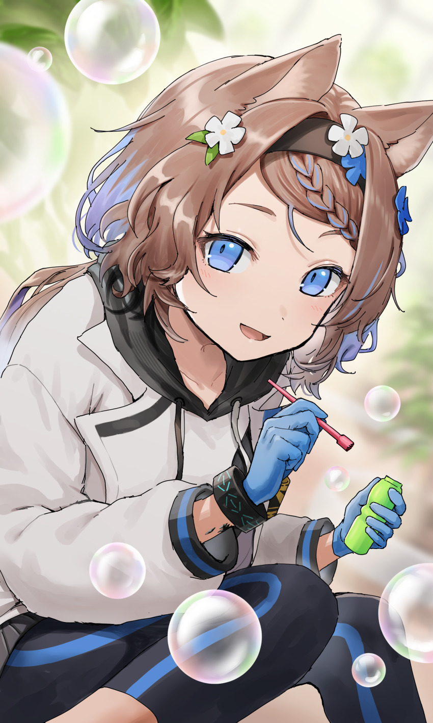 1girl :d absurdres animal_ears arknights aroma_(arknights) black_leggings blue_eyes blue_gloves blue_hair blurry blurry_background bracelet braid brown_hair bubble bubble_wand commentary_request day flower gloves grey_jacket hair_flower hair_ornament hairband highres holding jacket jewelry landl leggings long_hair long_sleeves looking_at_viewer open_mouth outdoors smile solo tassel