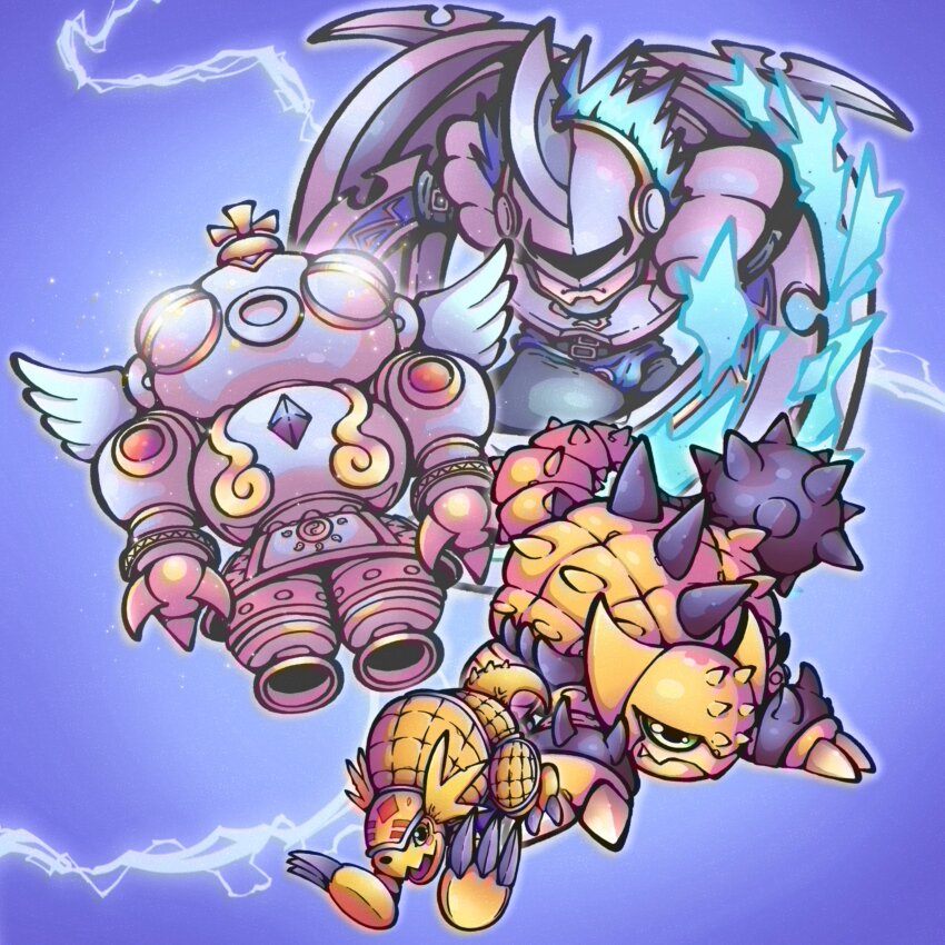 absurdres ankylomon armadimon digimon digimon_(creature) evolutionary_line green_eyes highres shakkoumon slashangemon solo spikes