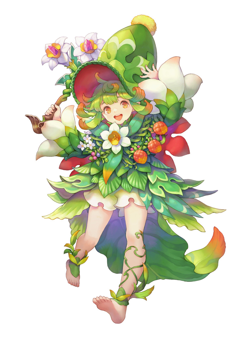 1boy androgynous barefoot flower food fruit full_body green_hair haccan hat highres holding holding_wand julei_(visions_of_mana) leaf leaf_clothing official_art open_mouth orange_eyes pointy_ears second-party_source seiken_densetsu shorts smile solo transparent_background visions_of_mana wand