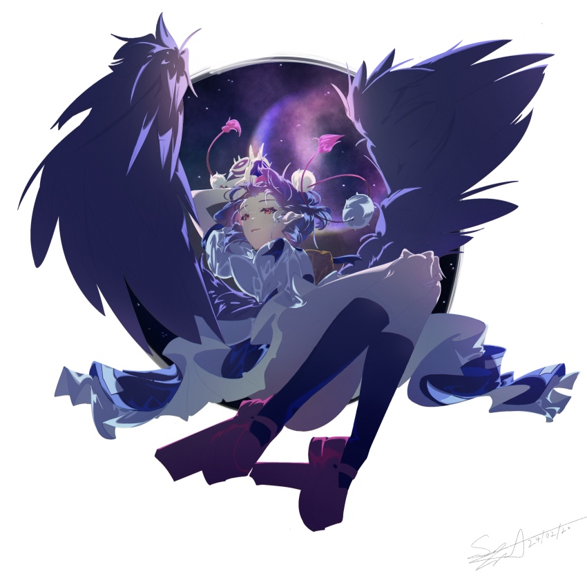 1girl absurdres black_hair black_socks black_wings chi_xian_fan_de_hai_niao feathered_wings geta hat highres looking_at_viewer red_eyes shameimaru_aya shirt short_hair socks solo tengu-geta thighs tokin_hat touhou white_shirt wings