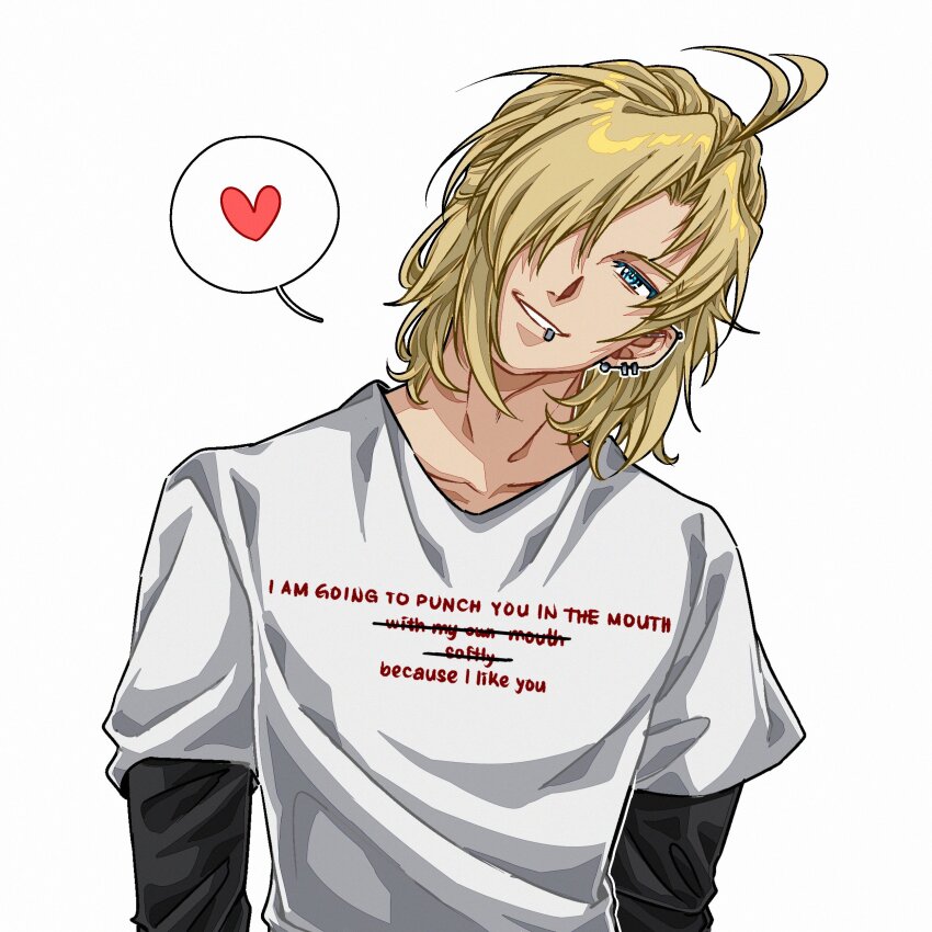 1boy absurdres black_shirt blonde_hair blue_eyes degrees_of_lewdity earrings english_text hair_over_one_eye heart highres jewelry layered_sleeves lip_piercing lip_ring long_sleeves looking_at_viewer piercing shirt short_over_long_sleeves short_sleeves simple_background solo speech_bubble upper_body white_background white_shirt whitney_(degrees_of_lewdity) whitney_(male)_(degrees_of_lewdity) yuzukiyo