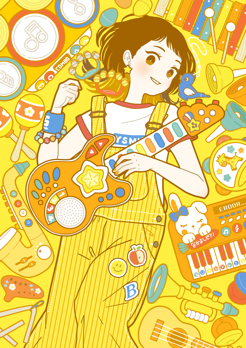 1girl absurdres bell bird blue_bird bracelet brown_eyes commentary earrings electric_guitar feet_out_of_frame guitar highres instrument jewelry keyboard_(instrument) maracas medium_hair ocarina original overalls parted_lips print_shirt saxophone shirt short_sleeves smile solo star_(symbol) star_earrings striped_overalls toy trumpet ukulele white_shirt xylophone yellow_background yellow_overalls yellow_theme yoshimon