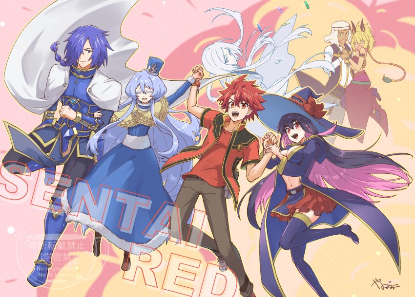 3boys 4girls absurdres armor asagaki_toogo azir_anuma_kukuja black_coat black_hair black_hat black_skirt blonde_hair blue_armor blue_dress blue_eyes blue_hair breasts cleavage coat copyright_name dark-skinned_female dark_elf dark_skin dress elf explosion grey_hair group_picture hat high_ponytail highres holding_hands hood hooded_coat idola_avorn jacket large_breasts long_hair midriff multicolored_hair multiple_boys multiple_girls navel nikaido_tenri pointy_ears ponytail purple_hair raniya_(sentai_red_ga_isekai_de_boukensha_ni_naru) red_eyes red_hair red_jacket red_shirt red_skirt rosie_mist sentai_red_ga_isekai_de_boukensha_ni_naru shirt short_hair skirt strapless teltina_liz_wagrel_alvarost tube_top two-tone_hair watermark white_coat witch_hat yanagimachi