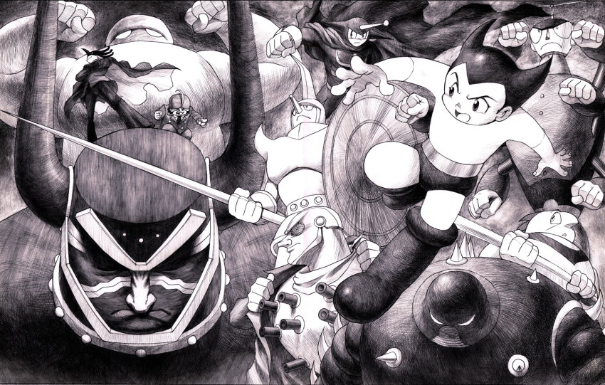 android antennae atom_(tetsuwan_atom) axe battle boots brando_(tetsuwan_atom) cape character_request chest_cannon child epsilon_(tetsuwan_atom) extra_arms flying formal_clothes gesicht hat hercules_(tetsuwan_atom) highres hood hooded_cape horns lance mecha monochrome mont_blanc_(tetsuwan_atom) multiple_boys muzzle north_no._2 official_style pluto_(tetsuwan_atom) polearm robot scarf science_fiction shield spikes sunglasses tetsuwan_atom tezuka_osamu_(style) topless_male tuyopon weapon