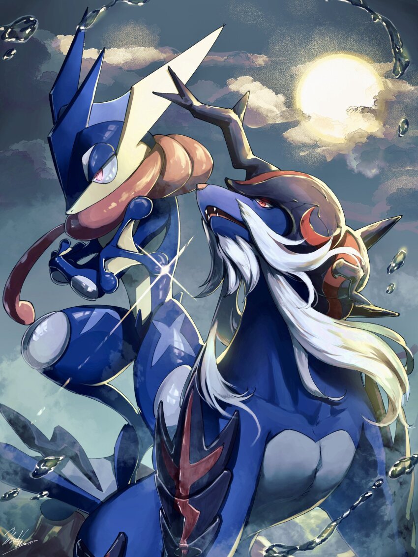 armor bubble cloud cloudy_sky fangs frog gen_6_pokemon greninja highres hisuian_samurott horns moon moonlight ninja nintendo no_humans pectorals pokemon pokemon_(creature) ruri_senbei samurai seashell shell sky tongue water webbed_hands whiskers wrapped