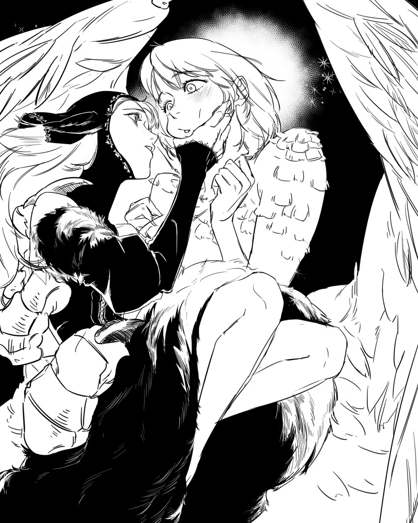 2girls absurdres black_background black_coif dungeon_meshi falin_touden falin_touden_(chimera) feathers grabbing_another&#039;s_face head_grab highres long_hair looking_at_another marcille_donato marcille_donato_(lord) medium_hair multiple_girls parted_lips puffy_sleeves talons ttal_ttal wings