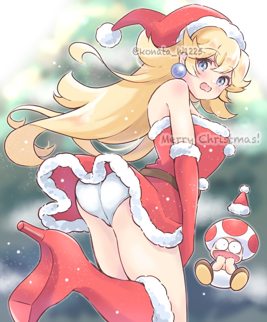 1boy 1girl artist_name ass bare_shoulders belt blonde_hair blue_eyes blurry blurry_background blush boots breasts christmas detached_sleeves dress earrings elbow_gloves embarrassed foot_up fur-trimmed_boots fur-trimmed_dress fur-trimmed_footwear fur-trimmed_hat fur-trimmed_headwear fur_trim gloves hair_between_eyes hat high_heel_boots high_heels highres jewelry konata_w1225 legs legs_together long_hair long_sleeves looking_at_viewer looking_back looking_to_the_side mario_(series) medium_breasts nintendo open_mouth outdoors panties princess_peach santa_boots santa_costume santa_dress santa_gloves santa_hat shocked_pupils snow snowing thighs toad_(mario) underwear upskirt very_long_hair white_panties wide-eyed