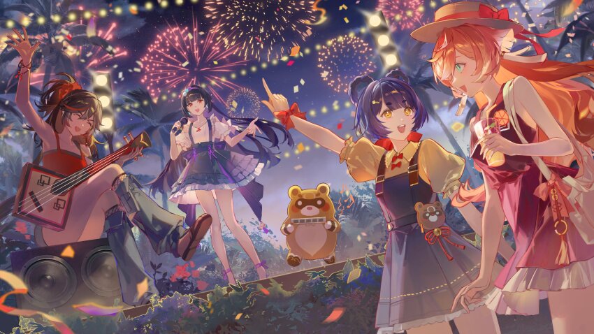 1other 4girls absurdres aqua_eyes bass_guitar black_hair black_overalls black_shorts closed_eyes cup earrings genshin_impact glass guitar guoba_(genshin_impact) harmonica hat highres holding holding_cup holding_microphone instrument jewelry long_hair medium_hair microphone miji_black multicolored_hair multiple_girls open_mouth overalls pink_hair ponytail red_hair red_overalls red_tank_top shirt shoes shorts sitting tank_top thighhighs white_shirt xiangling_(genshin_impact) xinyan_(genshin_impact) yanfei_(genshin_impact) yellow_shirt yun_jin_(genshin_impact)
