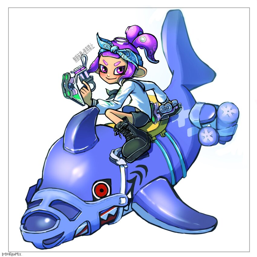 1girl black_boots black_shorts blue_bow blue_hairband boots bow bow_hairband closed_mouth commentary_request dual_wielding gun hair_bow hairband highres holding holding_gun holding_weapon lace-up_boots looking_at_viewer medium_hair moromi_(kscd4482) nintendo octoling octoling_girl octoling_player_character ponytail purple_eyes purple_hair red_eyes reefslider_(splatoon) shark short_ponytail shorts simple_background smile solo splatoon_(series) splatoon_3 tentacle_hair tetra_dualies_(splatoon) thick_eyebrows toy weapon white_background