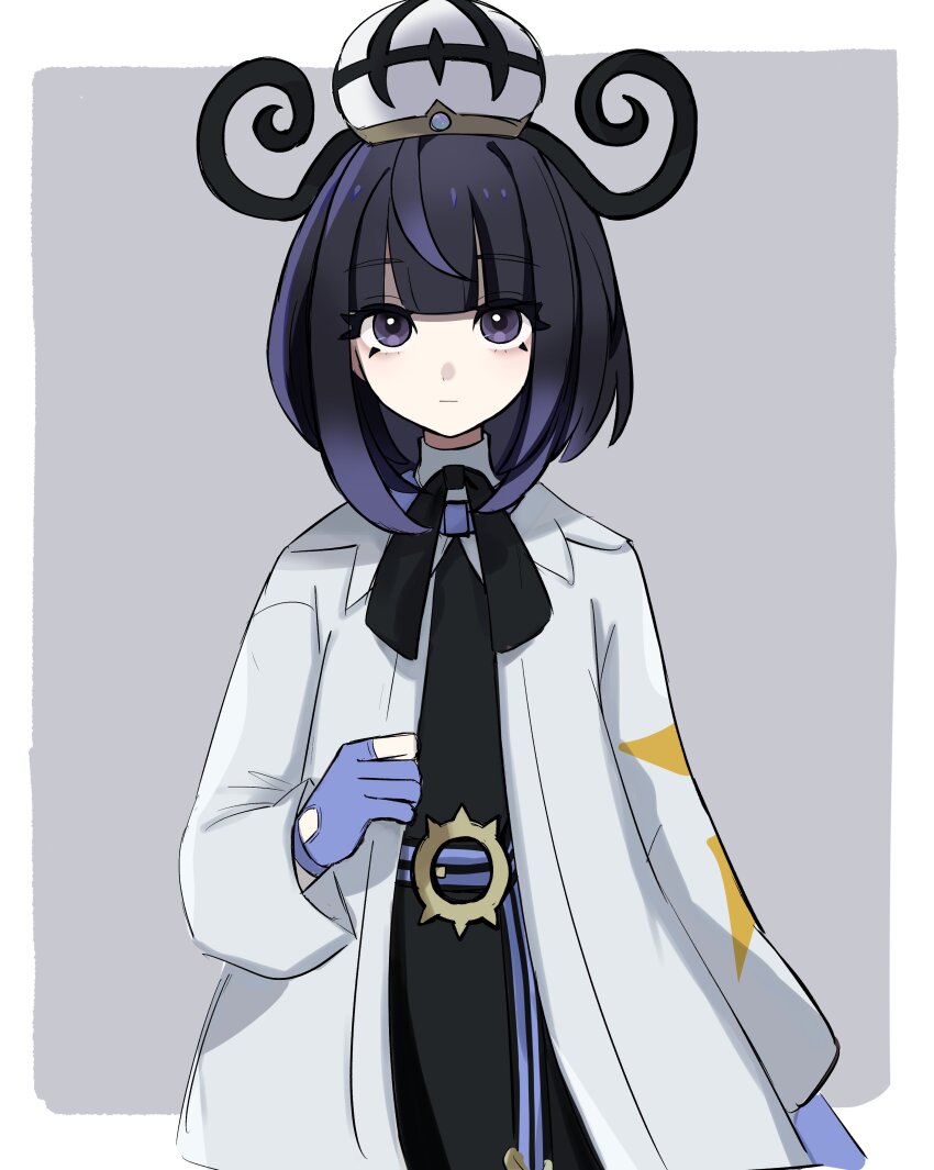 1girl absurdres belt belt_buckle black_dress black_hair blunt_bangs border buckle closed_mouth coat dress gloves gradient_hair grey_background gwynn_(pokemon) hat highres long_sleeves looking_at_viewer multicolored_hair nintendo o-ring o-ring_belt open_clothes open_coat outside_border partially_fingerless_gloves pokemon pokemon_legends:_z-a purple_eyes purple_hair short_hair solo tsuki0425 white_border white_coat white_hat