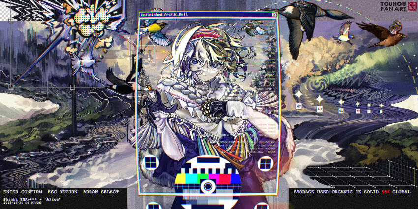 1girl absurdres adapted_costume aks_hongbai_heihuang alice_margatroid bird black_gloves blonde_hair blue_dress blue_eyes commentary cowboy_shot dress embellished_costume english_commentary english_text expressionless film_grain frills fringe-trimmed_capelet fringe_trim fur_trim gloves goose hairband hands_up highres long_sleeves looking_at_viewer microsoft_windows pine_tree rainbow_order short_hair sky snow solo standing touhou tree user_interface wind window_(computing) windows_classic winter_clothes
