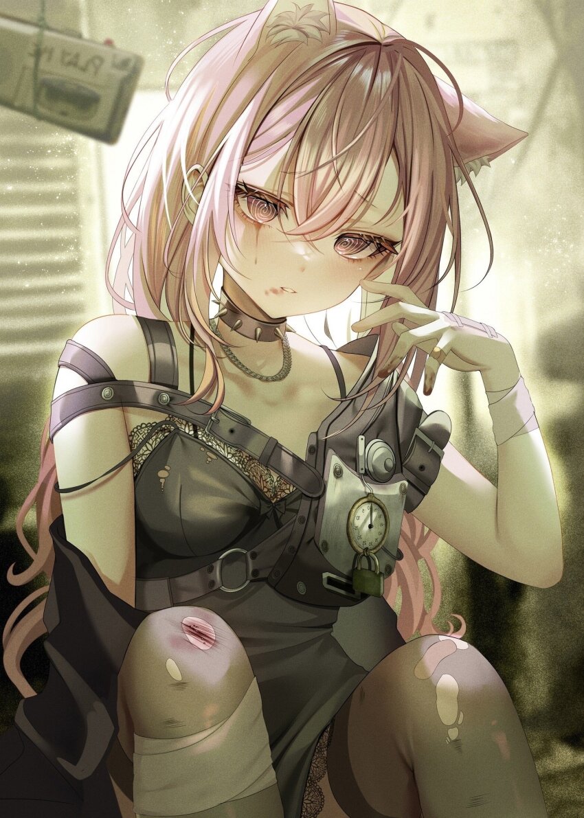 1girl @_@ animal_ear_fluff animal_ears bandaged_arm bandaged_hand bandages bandaid bandaid_on_hand black_dress blood character_request chest_harness choker copyright_request dress harness highres isari_sensei jewelry lock long_hair necklace o-ring padlock pink_eyes pink_hair scraped_knee spiked_choker spikes thighhighs torn_clothes torn_thighhighs virtual_youtuber