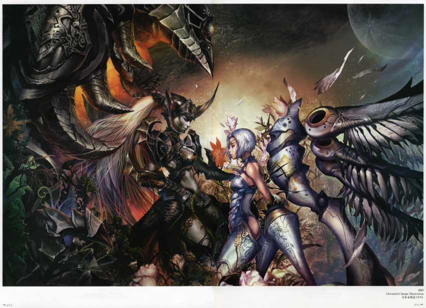 2girls absurdres anakim_(lineage_2) armor dark_elf dark_skin dark-skinned_female elf helmet highres lilith_(lineage_2) lineage lineage_2 moon multiple_girls pointy_ears white_hair wings