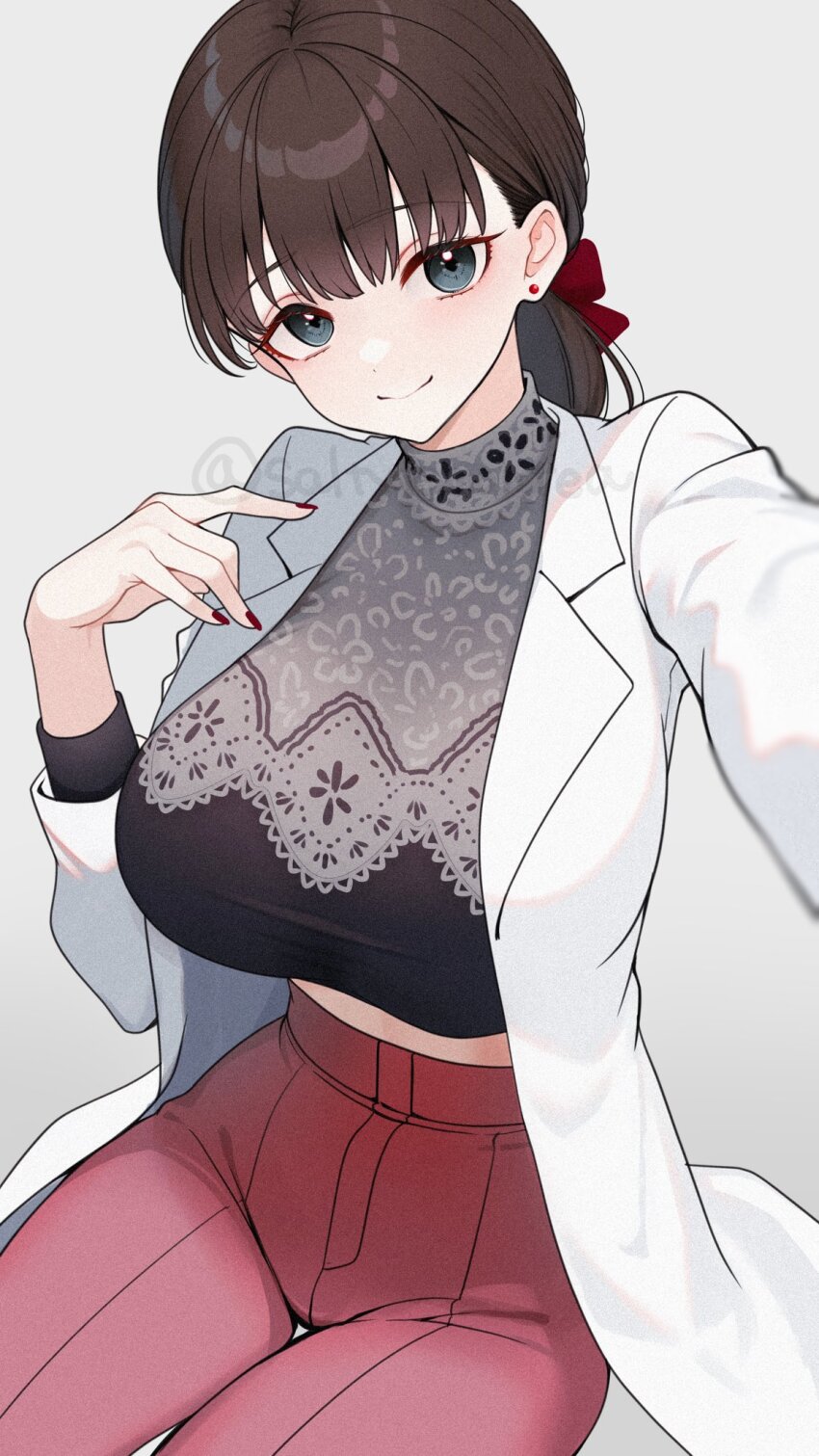 1girl aged_up alternate_hairstyle breasts brown_hair closed_mouth coat collar dot_nose earrings eyelashes forehead grey_background grey_eyes hair_ribbon head_tilt highres idolmaster idolmaster_cinderella_girls idolmaster_cinderella_girls_starlight_stage jewelry lab_coat lace lace-trimmed_shirt lace_trim large_breasts light_blush light_smile long_sleeves looking_at_viewer medium_hair midriff open_clothes open_coat outstretched_arm pants ponytail red_nails red_pants red_ribbon ribbon sakuma_mayu saltylemontea shirt simple_background sitting solo twitter_username white_collar