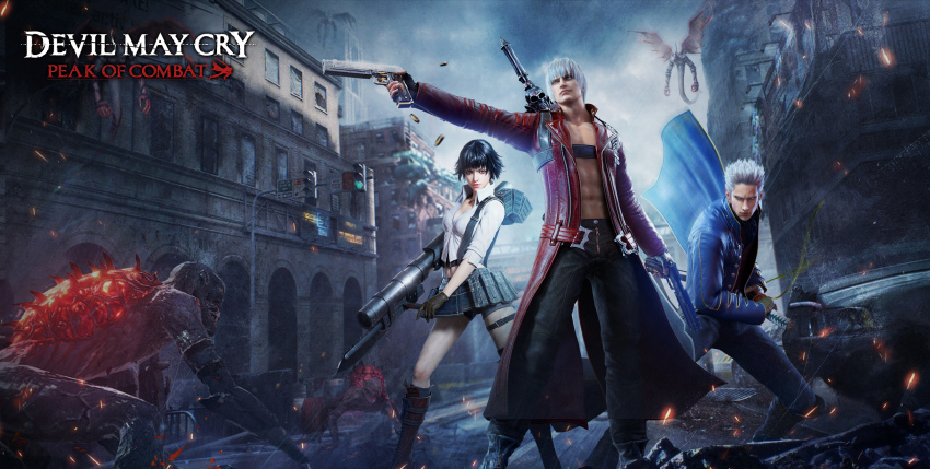 1girl 2boys 3d battoujutsu_stance black_hair blue_coat coat copyright_name dante_(devil_may_cry) demon devil_may_cry devil_may_cry:_peak_of_combat devil_may_cry_(series) devil_may_cry_3 fighting_stance gloves highres holding holding_rocket_launcher holding_sword holding_weapon kalina_ann_(weapon) lady_(devil_may_cry) midriff multiple_boys no_shirt official_art ready_to_draw rebellion_(sword) red_coat rocket_launcher shirt short_hair sword sword_on_back vergil_(devil_may_cry) weapon weapon_on_back white_hair yamato_(sword)
