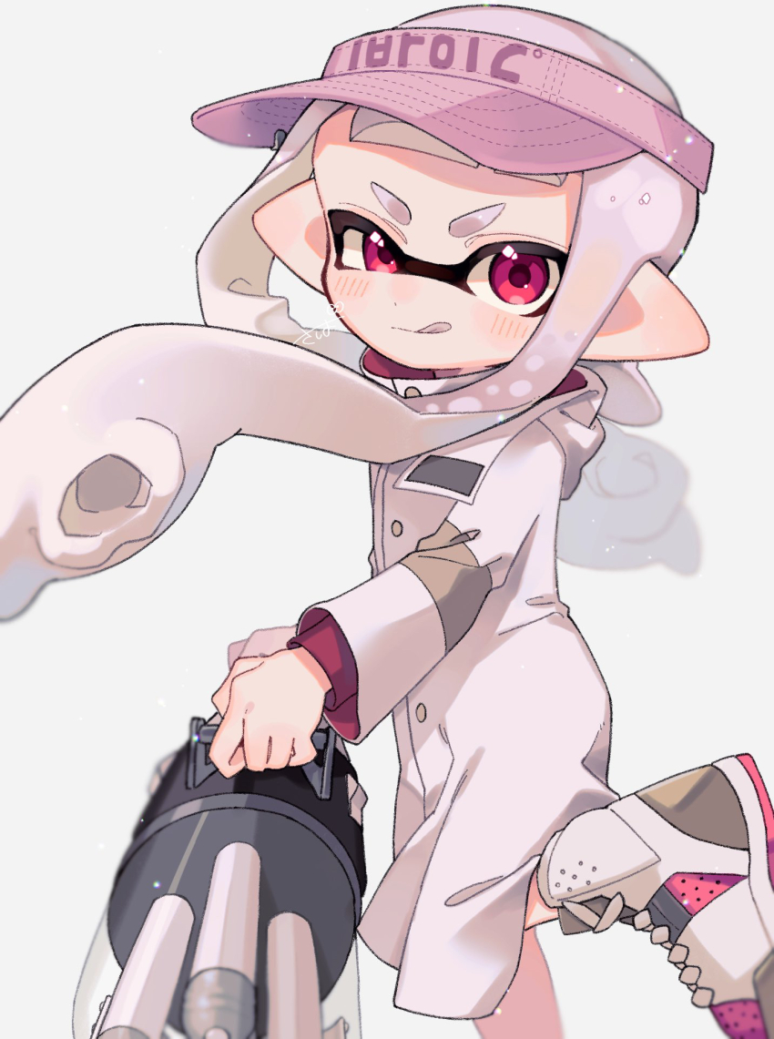 1girl :q artist_name ballpoint_splatling_(splatoon) blush closed_mouth commentary_request floating_hair hat high_tops highres holding holding_weapon hood hood_down hooded_jacket inkling inkling_girl inkling_player_character jacket leg_up long_hair long_sleeves nintendo pink_eyes pink_hair pink_hat pointy_ears sabata_saba shoes sneakers solo splatoon_(series) suction_cups tentacle_hair tongue tongue_out twintails v-shaped_eyebrows visor_cap weapon white_background white_jacket white_shoes