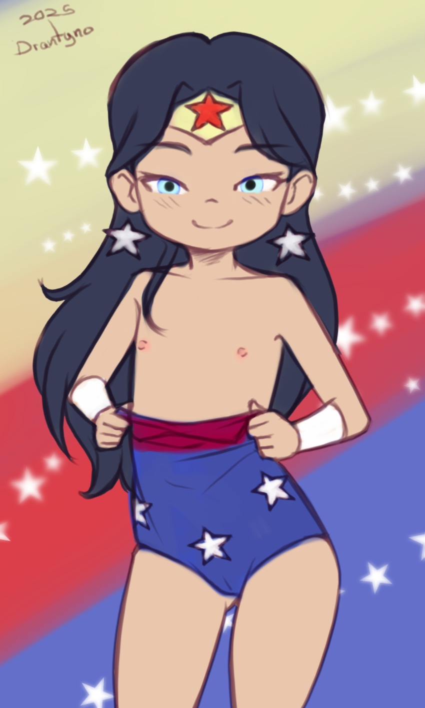 1girl 2025 20s aged_down black_hair blue_background blue_eyes blue_leotard blush bracer cameltoe collarbone dc_comics drantyno earrings flat_chest highres jewelry leotard loli long_hair looking_at_viewer nipples print_leotard red_background red_leotard sketch smile standing star_(symbol) star_earrings star_print star_symbol_background superhero_costume tiara topless_female undressing wonder_woman wonder_woman_(series) yellow_background