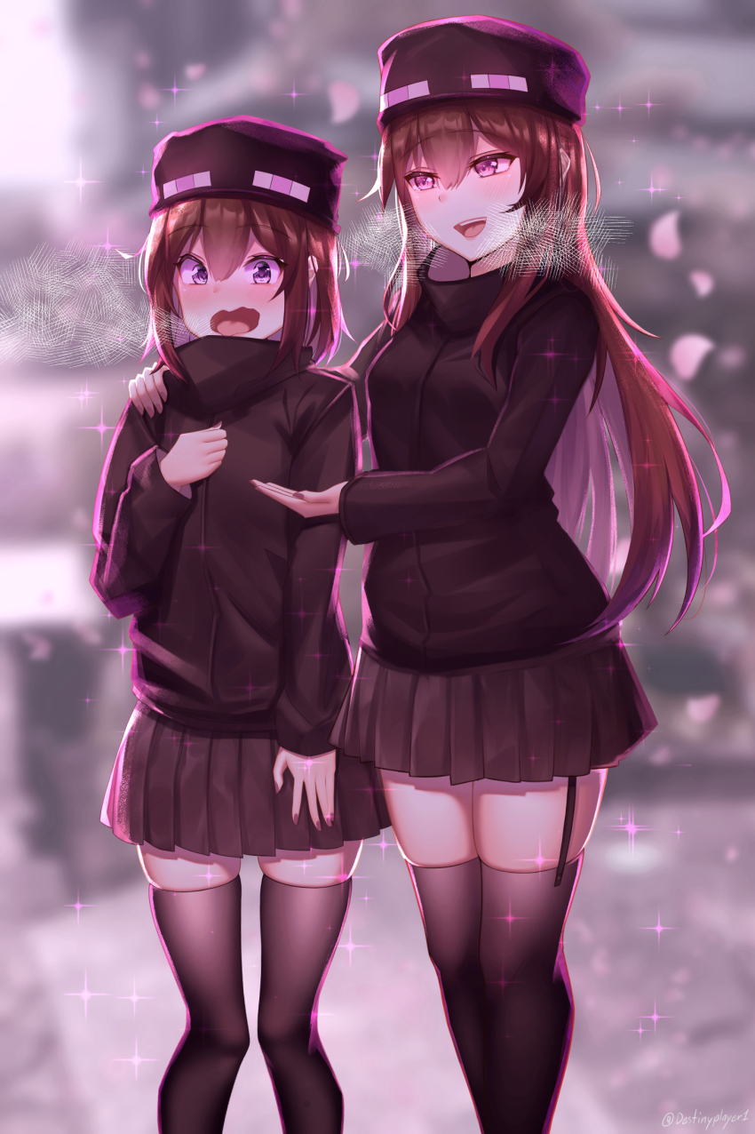2girls ander_(at2.) black_legwear black_skirt blush borrowed_character destinyplayer1 enderman garter_straps highres long_hair long_sleeves looking_at_another minecraft mob_talker multiple_girls nail_polish open_mouth personification pleated_skirt purple_eyes purple_nails short_hair skirt smile thighhighs