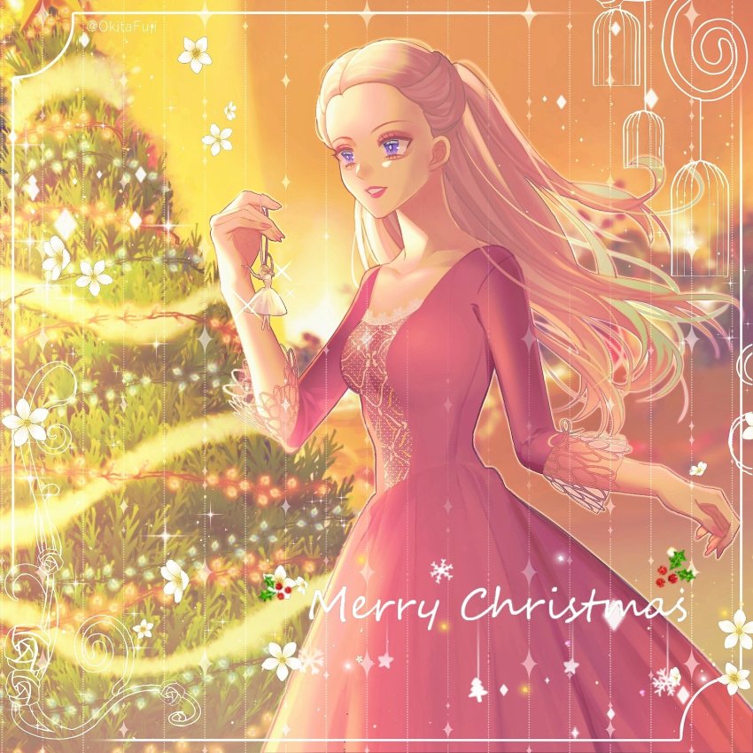 1girl ballerina barbie_(character) barbie_(franchise) barbie_in_the_nutcracker barbie_movies blonde_hair blue_eyes blurry bokeh border cage caption christmas christmas_lights christmas_ornaments christmas_tree clara_(barbie) clara_(the_nutcracker) depth_of_field doll dress filigree flower garland_(decoration) glowing hair_pulled_back highres holding holding_doll holiday lace_sleeves lace_trim lights long_hair merry_christmas okitafuji orange_background red_dress red_lips ribbon sleeve_cuffs snowflakes solo sparkle star_(sky) the_nutcracker tinsel
