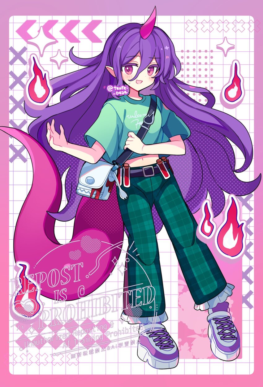 1girl :d bag belt black_belt blush border commentary_request fork frilled_pants frills full_body green_pants green_shirt grid_background hair_between_eyes hand_up highres horns long_hair looking_at_viewer midriff navel open_mouth outside_border pants plaid_clothes plaid_pants purple_border purple_hair purple_horns purple_shoes red_eyes shirocha_tei shirt shoes short_sleeves shoulder_bag single_horn smile sneakers solo sparkle standing t-shirt tenkajin_chiyari test_tube touhou twitter_username watermark white_background