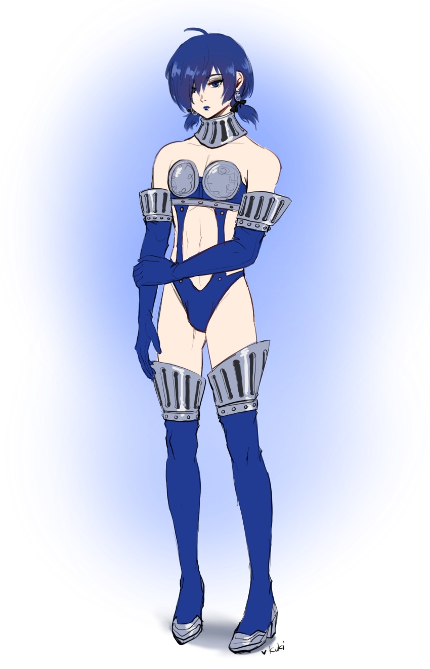 1boy absurdres alternate_costume alternate_hairstyle armor bikini_armor blue_eyes blue_hair bulge crossdressing earrings eyeliner high-cut_armor_(persona) high_heels highres jewelry lipstick makeup moonllita persona persona_3 shoes short_hair solo twintails yuuki_makoto_(persona_3)