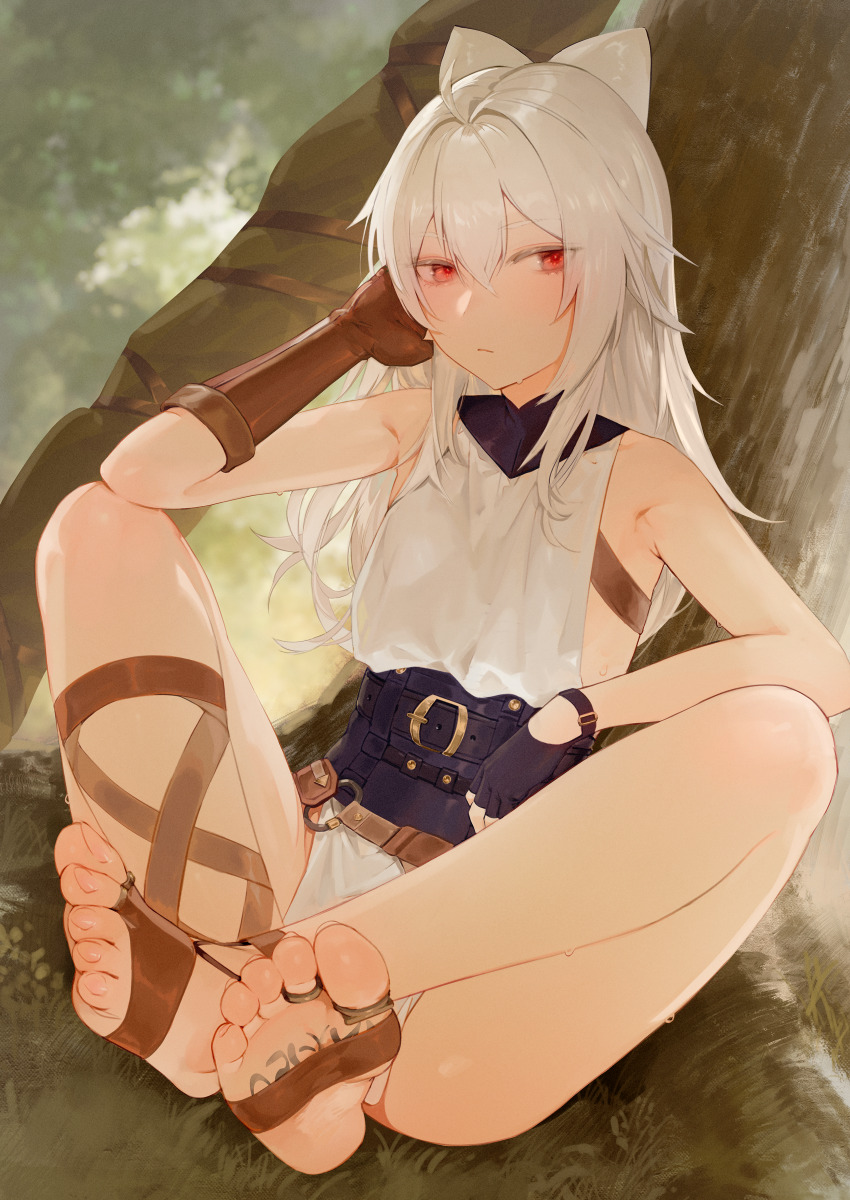 1girl absurdres aos arlenbell asymmetrical_gloves black_gloves brown_gloves commission day fingerless_gloves foot_tattoo gloves hair_between_eyes highres indian_style leather_strap long_hair looking_at_viewer mismatched_gloves original outdoors pixiv_commission red_eyes single_fingerless_glove sitting solo tattoo tree white_hair