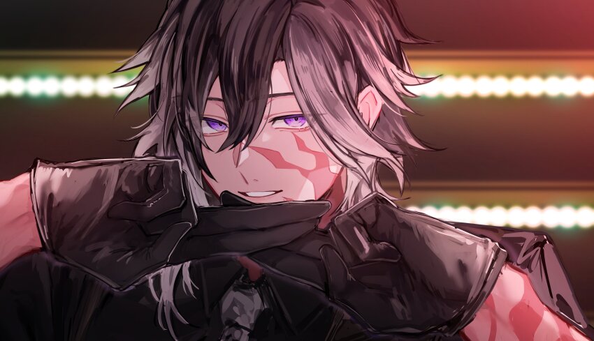 1boy absurdres black_gloves black_hair black_shirt blurry blurry_background burn_scar collared_shirt commentary_request facial_scar gloves grey_necktie grin hair_between_eyes hands_up highres jikkyuu_mitsutada looking_at_viewer male_focus medium_hair multicolored_hair necktie portrait purple_eyes rakanama scar scar_on_arm scar_on_cheek scar_on_face scar_on_neck shirt smile solo touken_ranbu two-tone_hair white_hair wing_collar
