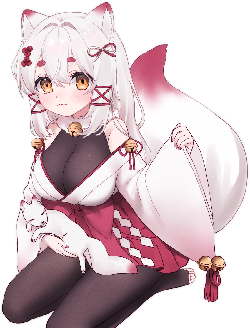 1girl absurdres animal_ears black_bodysuit body_freckles bodysuit bow breasts commission fox_ears fox_girl fox_tail freckles frills fur_collar gohei hair_between_eyes hair_bow hair_ornament hair_ribbon highres indie_virtual_youtuber japanese_clothes kagari_kitsune large_breasts long_hair long_sleeves messy_hair multicolored_hair nontraditional_miko pink_hair red_ribbon ribbon sidelocks skeb_commission skirt sleeves_past_fingers sleeves_past_wrists tai_ki_bansay tail white_hair yellow_eyes