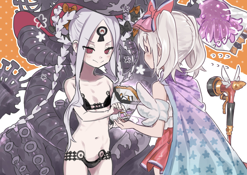 2girls abigail_williams_(fate) abigail_williams_(swimsuit_foreigner)_(fate) abigail_williams_(swimsuit_foreigner)_(first_ascension)_(fate) absurdres bare_shoulders bikini black_bikini black_bow blush bow breasts candy cape collarbone colored_skin double_bun dress_swimsuit fate/grand_order fate_(series) food forehead hair_bun highres hose hose_nozzle huge_filesize illyasviel_von_einzbern illyasviel_von_einzbern_(swimsuit_archer) illyasviel_von_einzbern_(swimsuit_archer)_(second_ascension) inflatable_armbands jun_(nad-j) keyhole long_hair magical_ruby magical_ruby_(hose) multiple_bows multiple_girls navel one-piece_swimsuit orange_bow parted_bangs red_bow red_eyes red_one-piece_swimsuit sidelocks small_breasts smile star_(symbol) star_print swimsuit tentacles thighs third_eye twintails very_long_hair visor_cap white_hair white_skin