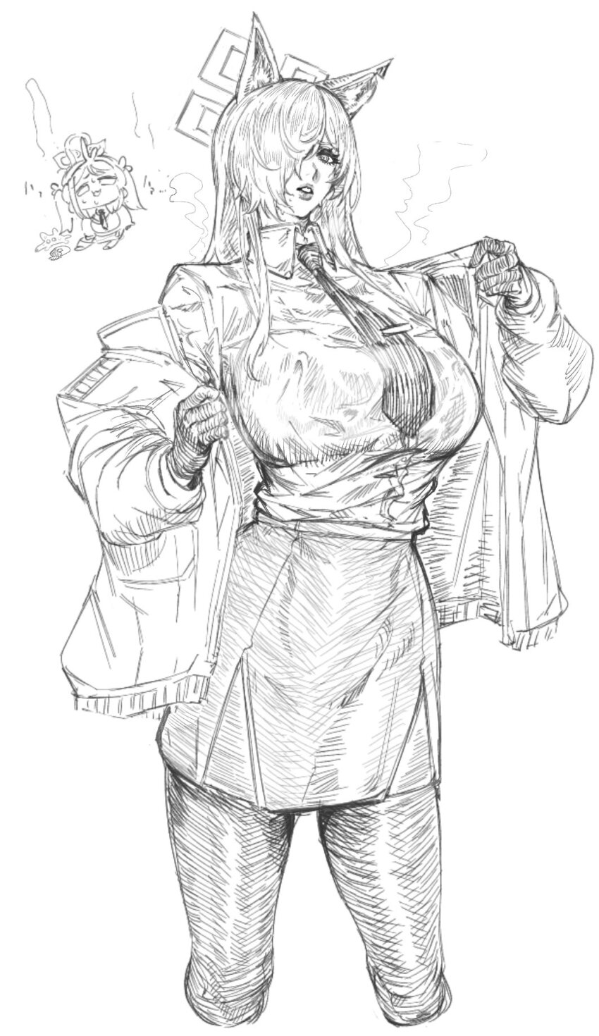 2girls animal_ear_fluff animal_ears blue_archive breasts chibi covered_erect_nipples cropped_legs dog_ears dog_girl gloves greyscale hair_over_one_eye halo highres huge_breasts indinu jacket kanna_(blue_archive) long_hair long_sleeves looking_at_viewer monochrome multiple_girls necktie notched_ear open_clothes open_jacket parted_lips pencil_skirt pleated_skirt simple_background sketch skin_tight skirt teeth thighs wet white_background