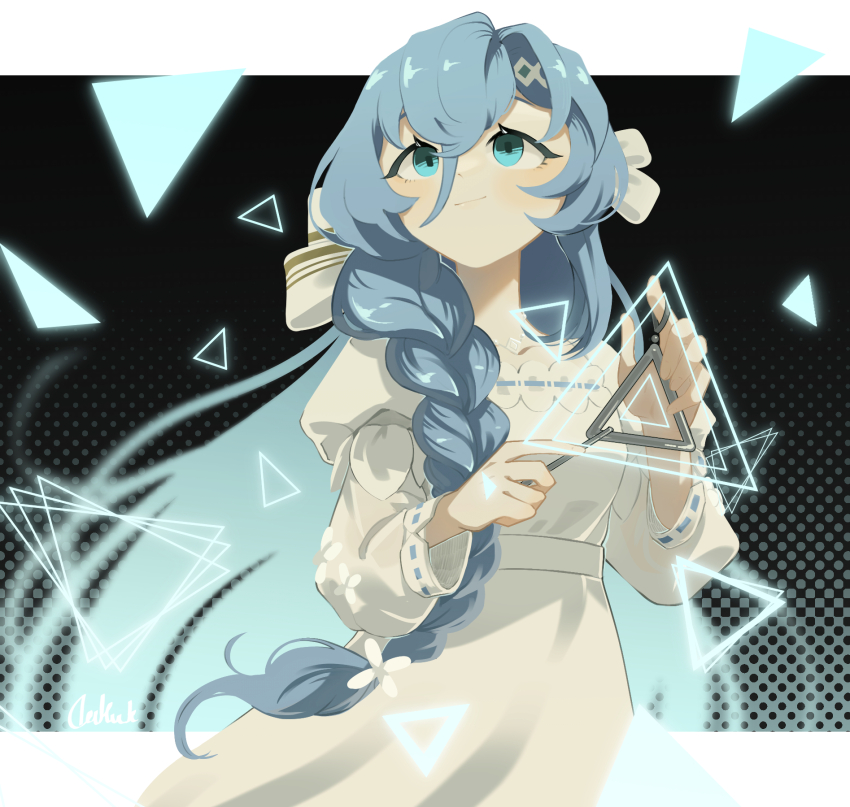1girl 37_(reverse:1999) black_background blue_eyes blue_hair daku_k dress hair_between_eyes halftone halftone_background hands_up highres holding holding_instrument holding_stick instrument juliet_sleeves letterboxed long_hair long_sleeves looking_up music official_alternate_costume outside_border playing_instrument puffy_sleeves reverse:1999 smile solo stick triangle triangle_(instrument) upper_body very_long_hair white_dress