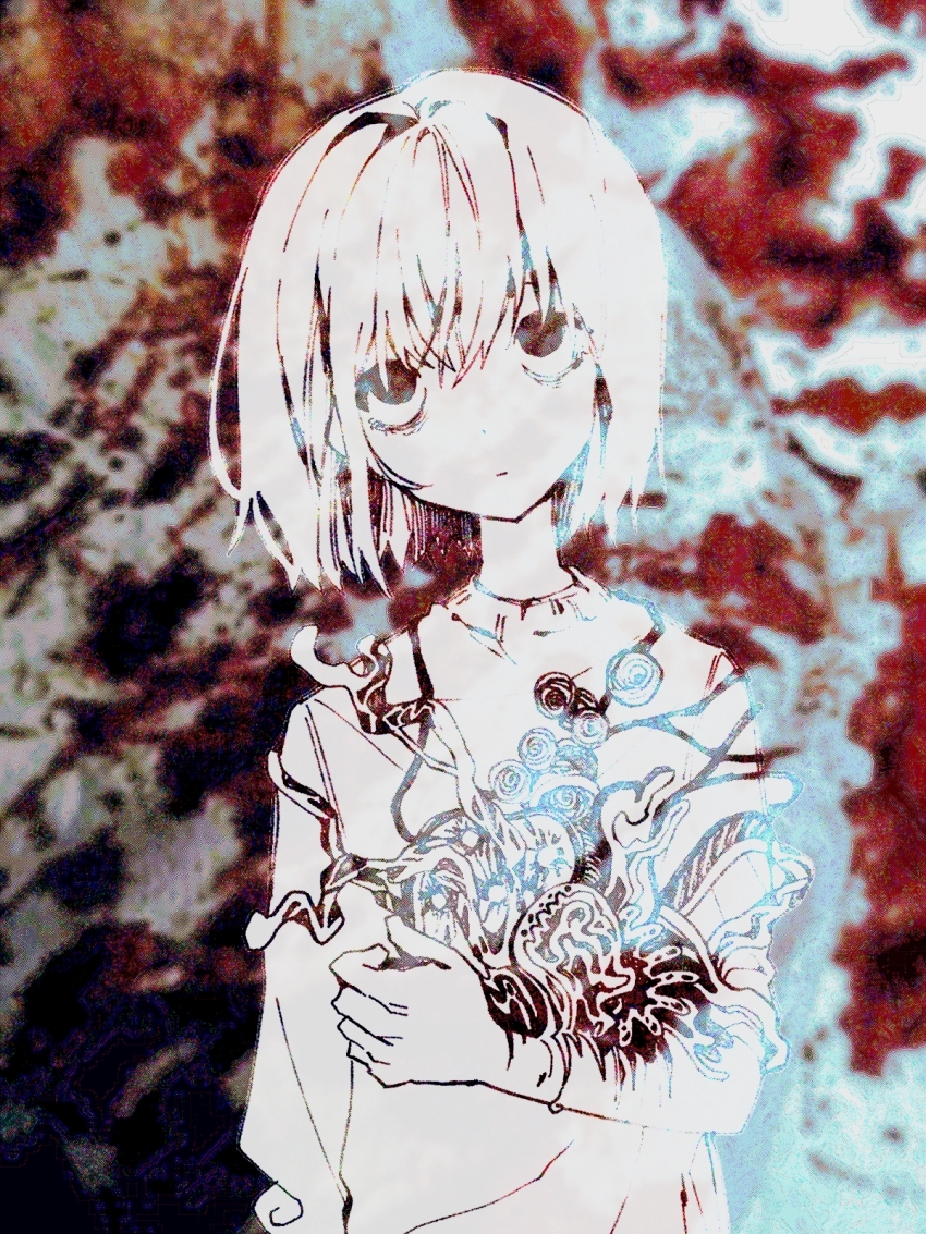 1girl arm_at_side bags_under_eyes bob_cut closed_mouth commentary expressionless hair_between_eyes head_tilt highres holding long_sleeves looking_at_viewer original partially_colored red_background self-harm short_hair simple_background solo straight-on sweater symbol-only_commentary upper_body upturned_eyes white_background zer0h