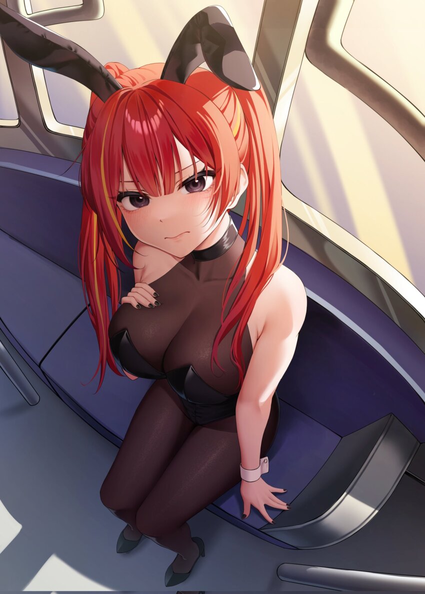 1girl akane_lize animal_ears artistic_error bare_shoulders black_leotard black_nails black_shoes blonde_hair bodysuit breasts brown_bodysuit brown_eyes brown_pantyhose chippang closed_mouth fisheye from_above hand_on_own_chest high_heels highres indoors large_breasts leotard long_hair looking_at_viewer multicolored_hair pantyhose playboy_bunny rabbit_ears red_hair shoes sitting solo stellive strapless strapless_leotard streaked_hair train_interior twintails virtual_youtuber wrist_cuffs