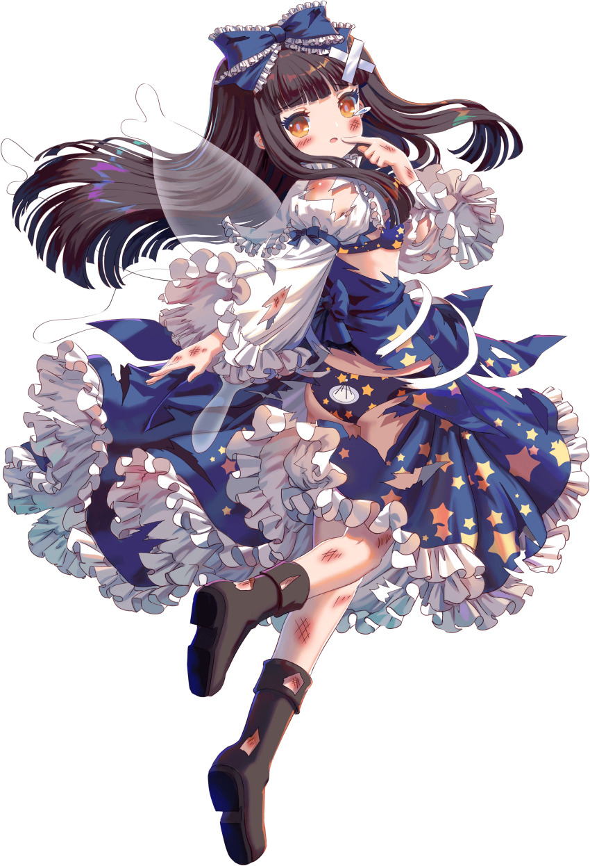 1girl absurdres ass black_boots bloomers blue_bra blue_dress blue_panties blue_ribbon boots bra brown_eyes brown_hair crossed_bandaids dress fairy_wings frilled_dress frilled_ribbon frilled_sleeves frills game_cg hair_ribbon highres injury kumio long_hair non-web_source panties radar_dish ribbon star_(symbol) star_sapphire tachi-e teardrop torn_boots torn_clothes torn_dress torn_footwear torn_sleeves touhou touhou_blooming_chaos underwear white_bloomers white_sleeves wings