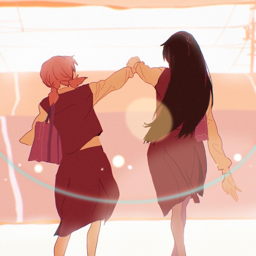 2girls 55bata6rou ahoge bag black_hair black_skirt black_vest brown_hair facing_away feet_out_of_frame from_behind highres holding_hands koito_yuu lens_flare long_hair long_sleeves multiple_girls nanami_touko outstretched_arm school_bag school_uniform shirt short_hair short_twintails skirt standing tohmi_higashi_high_school_uniform twintails vest walking white_shirt yagate_kimi_ni_naru