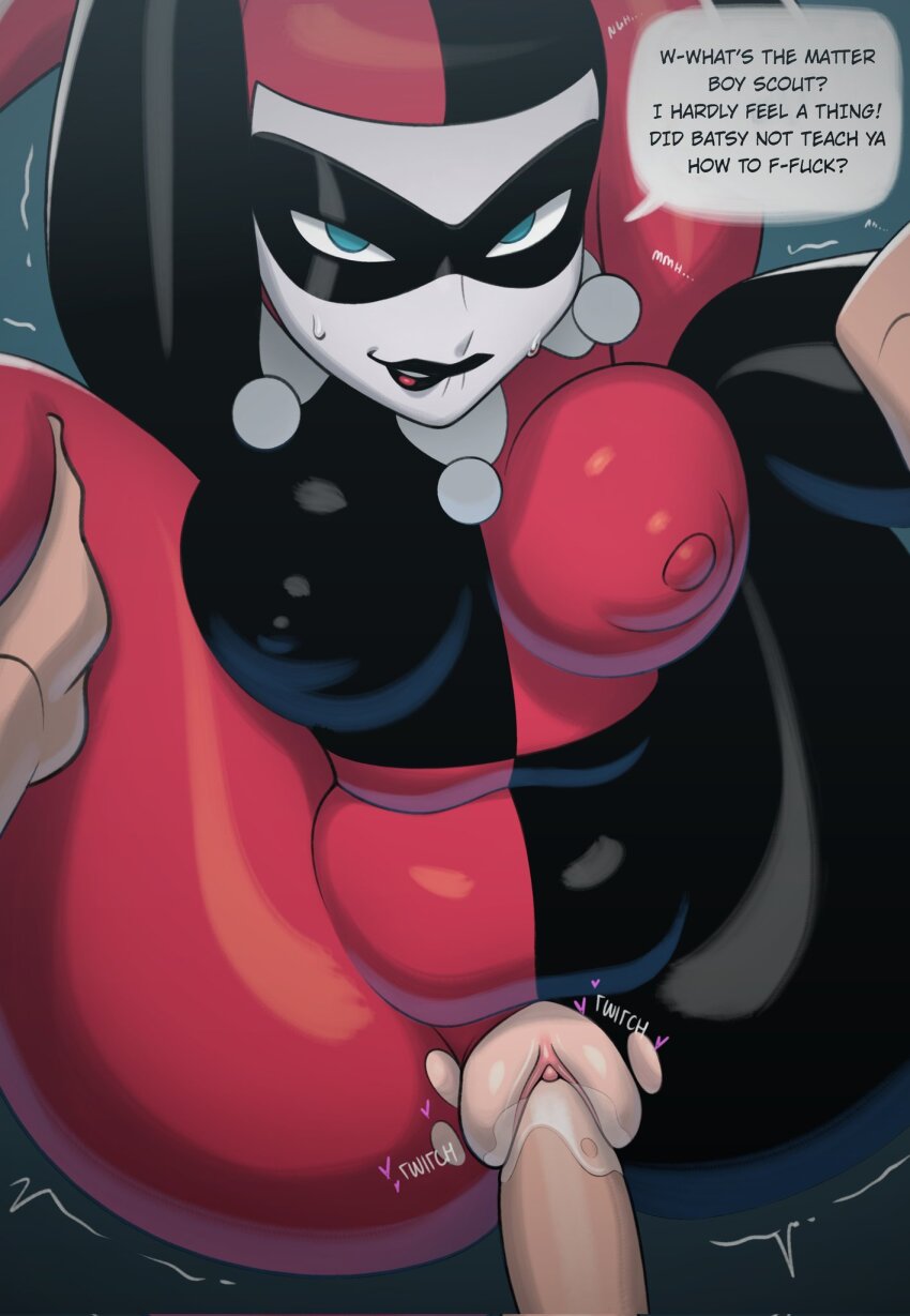 batman:_the_animated_series batman_(series) biting_own_lip blue_eyes breasts catto_natto covered_erect_nipples dc_comics english_text erection harley_quinn harley_quinn_(classic) hetero highres jester large_breasts looking_at_viewer m_legs mask nipples penis pussy sex simple_background spread_legs sweat thighs